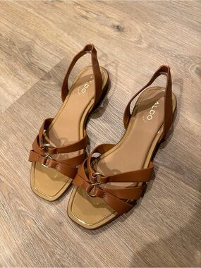 Aldo brown faux leather sandals with gold accents
